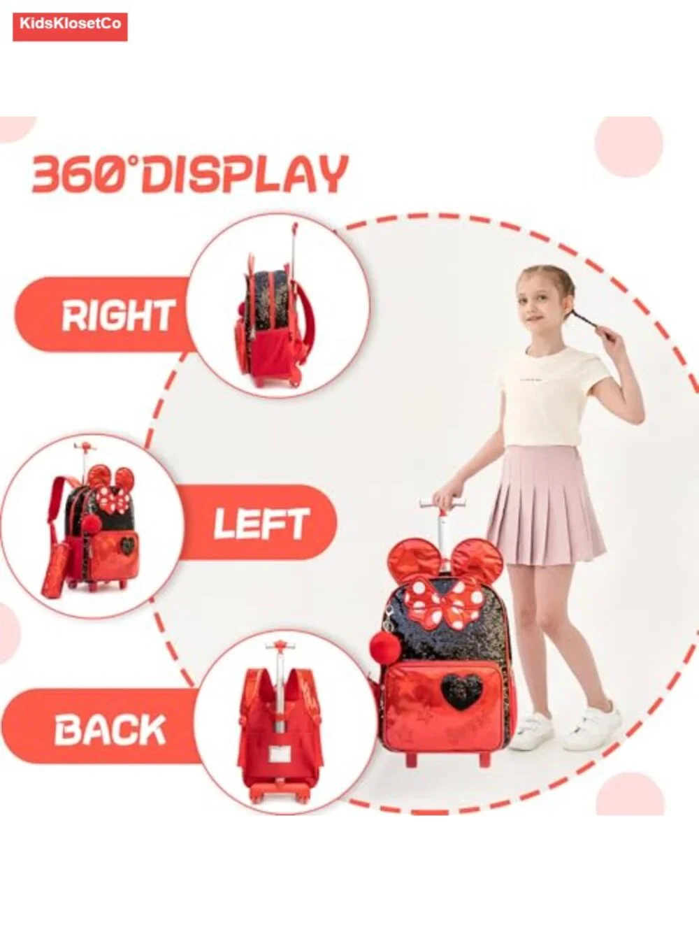 Rolling Backpack for Girls with Lunch Box, 4 Wheels, Nylon, Lightweight, School